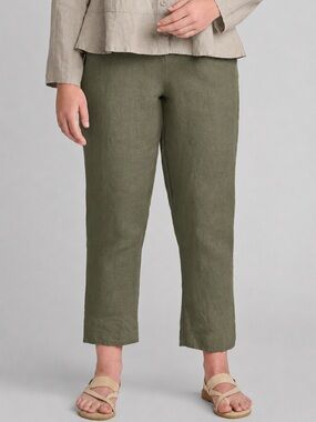 FLAX 100% Linen Pocketed Ankle Pants Small Olive Green Made Lithuania Lagenlook